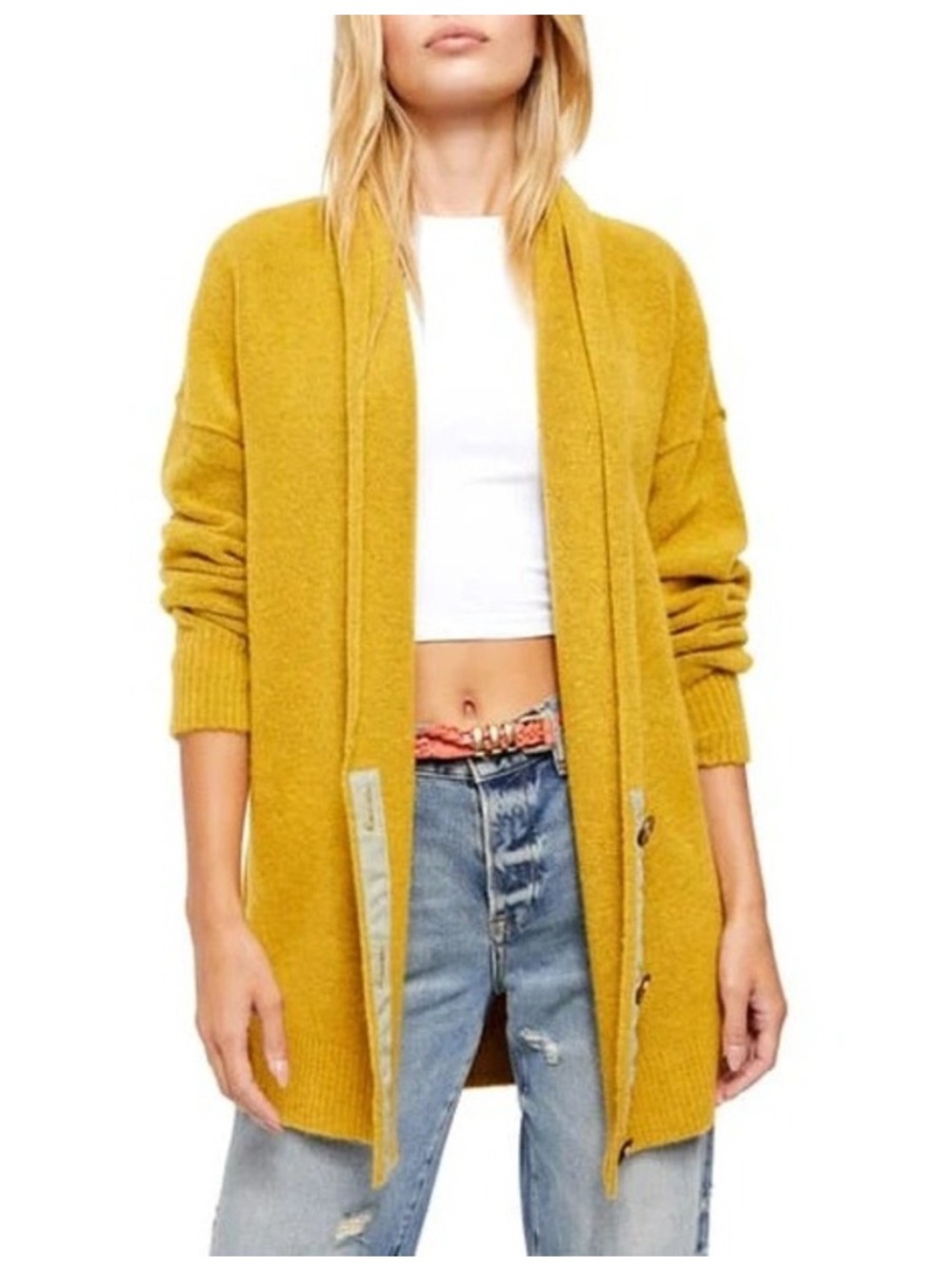 Free People Eucalyptus Longline Oversized Cardigan Mustard/Moss Yellow Medium